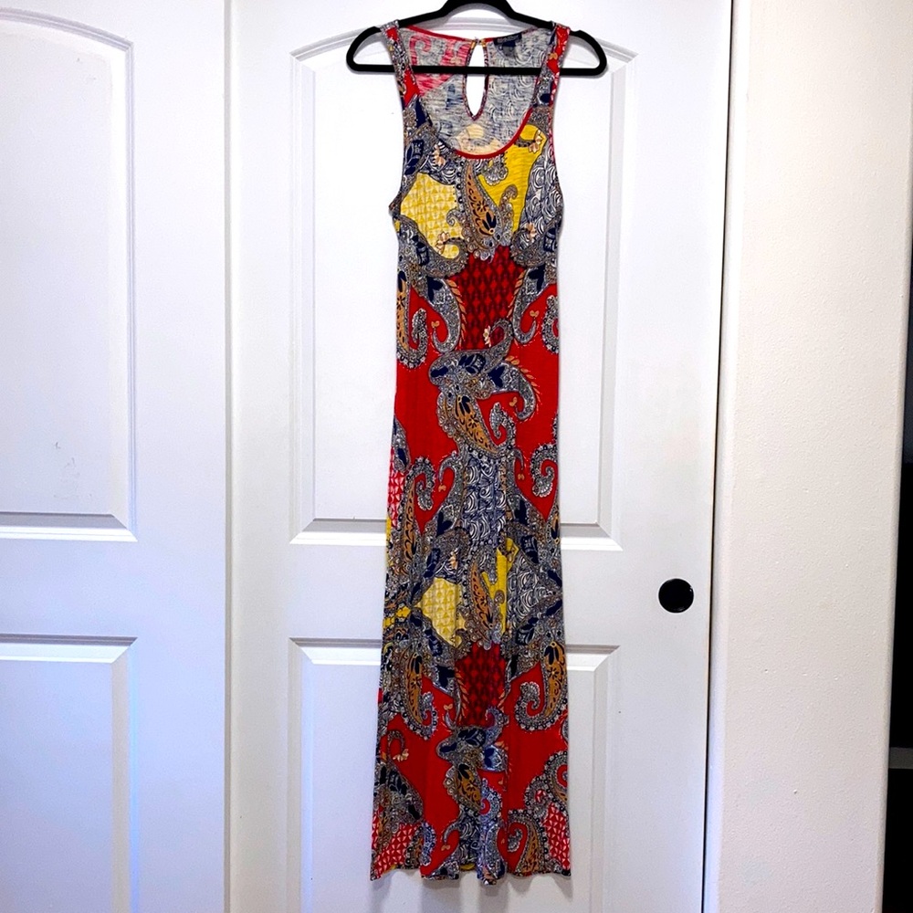 LUCKY BRAND Sexy Maxi Sundress Multi Color Paisley Printed Dress Boho Fitted S